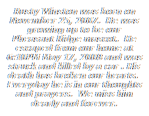 Text Box: Rusty Winston was born on November 25, 2007.  He was growing up to be our Pheasant Ridge mascot.  He escaped from our home at 6:10PM May 17, 2008 and was struck and killed by a car . His death has broken our hearts.  Everyday he is in our thoughts and prayers.  We miss him dearly and forever. 
